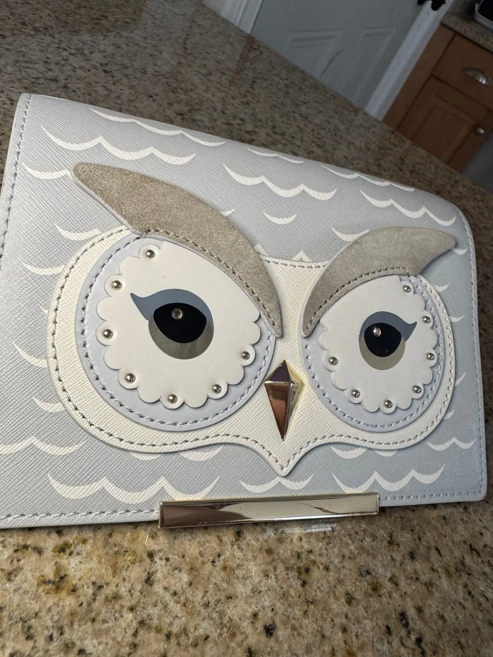Kate Spade Make It Mine Flap Gray Blue Owl Leather silver embellished
